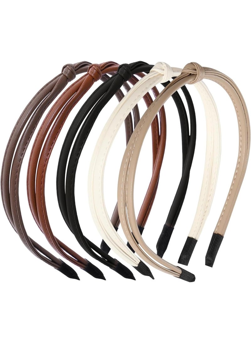 ChicAbode 5 Pcs Thin Leather Headbands for Women,Thin Knotted Headband, Cute Thin Leather Headbands for Women Skinny Headbands, Black Brown White Headbands for Girls Womens Hair Accessories - Image 1